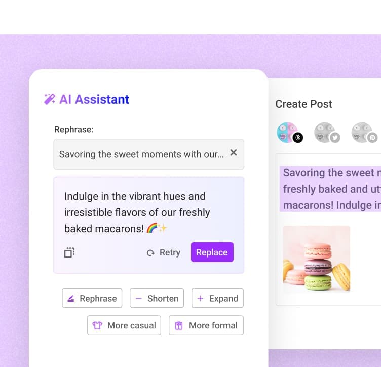 AI Assistant screen with options to rephrase, shorten, expand, or change the tone of the provided text.